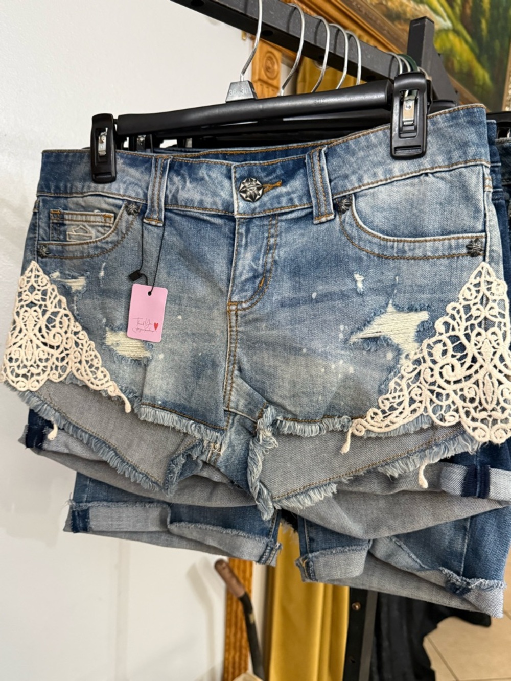 Harley-Davidson Blue Denim Shorts with Cream Crochet Panels
